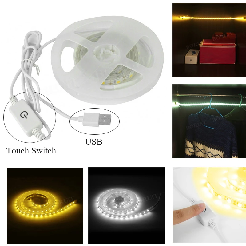cheap BORUiT 1m 60 LED Strip Under Cabinet Light for Kitchen Bedroom Cupboard Closet Light Strip Touch Dimming Night Lamp