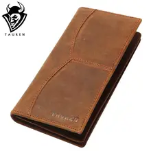 Tauren vintage crazy horse echtes leder geldbörse männer lange handtasche leder männlichen geldbörse münztüte geldclip brown