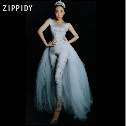 

Fashion Rhinestones Spandex Jumpsuit White Mesh Tail Birthday Celebrate Outfit Women Singer Dance Leggings Outfit