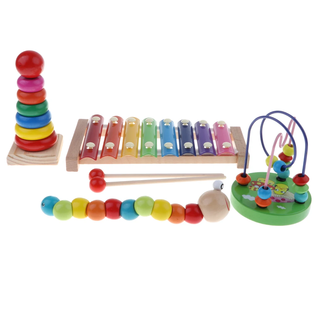 4PCS Montessori Educational Wooden Toy - Music Color & Shape Puzzle Cogniton Learning Xylophone Ring Tower Set #B