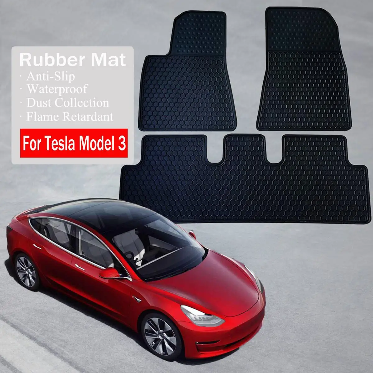 

3PCS/Set Rubber Car Floor Mats Foot Pads Anti-slip Durable Dirt Proof Automobile Floor Carpet Pad For Tesla Model 3 2017-2019