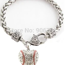 50 шт много Старинного Серебра покрытый софтбол с четкой подвеска в форме сердца с кристаллами браслет на крючке Омаров