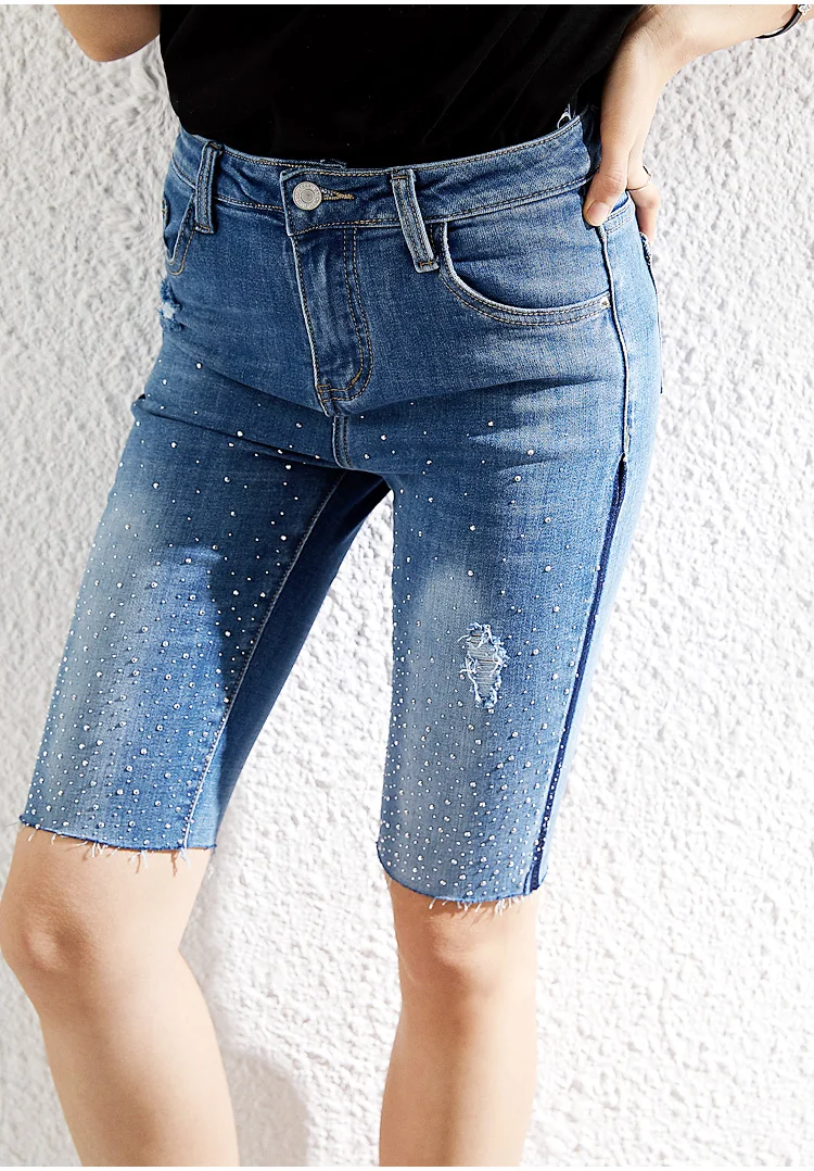 Rhinestone Mom Jeans Boyfriend Ripped Jeans for Women Slim Sexy Pants Clubwear Street Style Skinny Shorts Woman Distressed Jeans