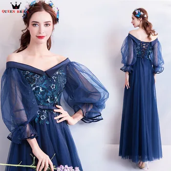 

A-line Tulle Flowers Beading Long Formal Blue Evening Dresses 2020 New Design Prom Party Dress Evening Gowns Robe De Soiree NT54