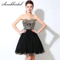Short Black Prom Dresses Sleeveless Beaded Gold Lace A Line Tulle Mini Formal Graduation Gowns Crystal Real Picture LX028