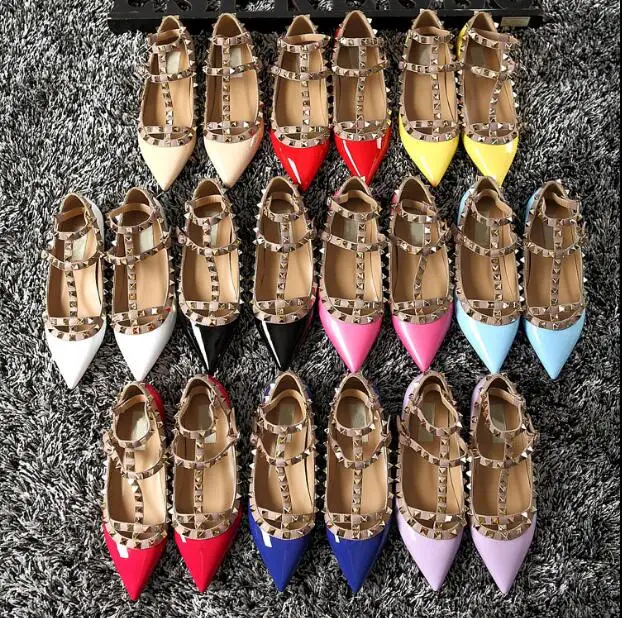 

Women brand v two Straps Studded Rivet shoes Black Nude white red Metal Flat Pointed Toe Shoes Single Sandals with box 34-43