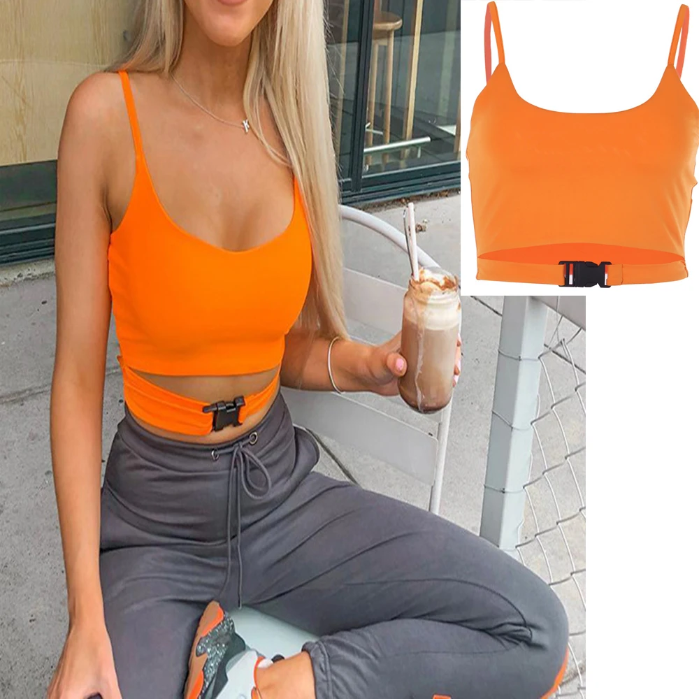 

Summer Femme Fashion Sexy Crop Tops Bag Buckle Short Vest Club Party Wear Camisoles Tank Tops Streetwear Sleeveless Top