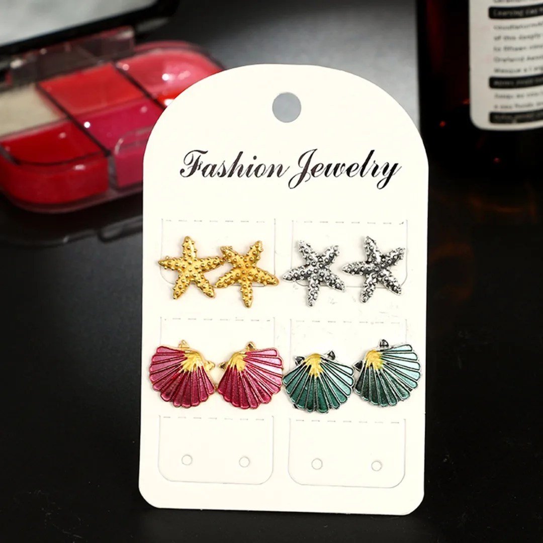 Vintage Starfish Shell Earring Set Shellhard Colorful Metal Sea Star Shell Stud Earrings Women Summer Beach Boho Ear Jewelry