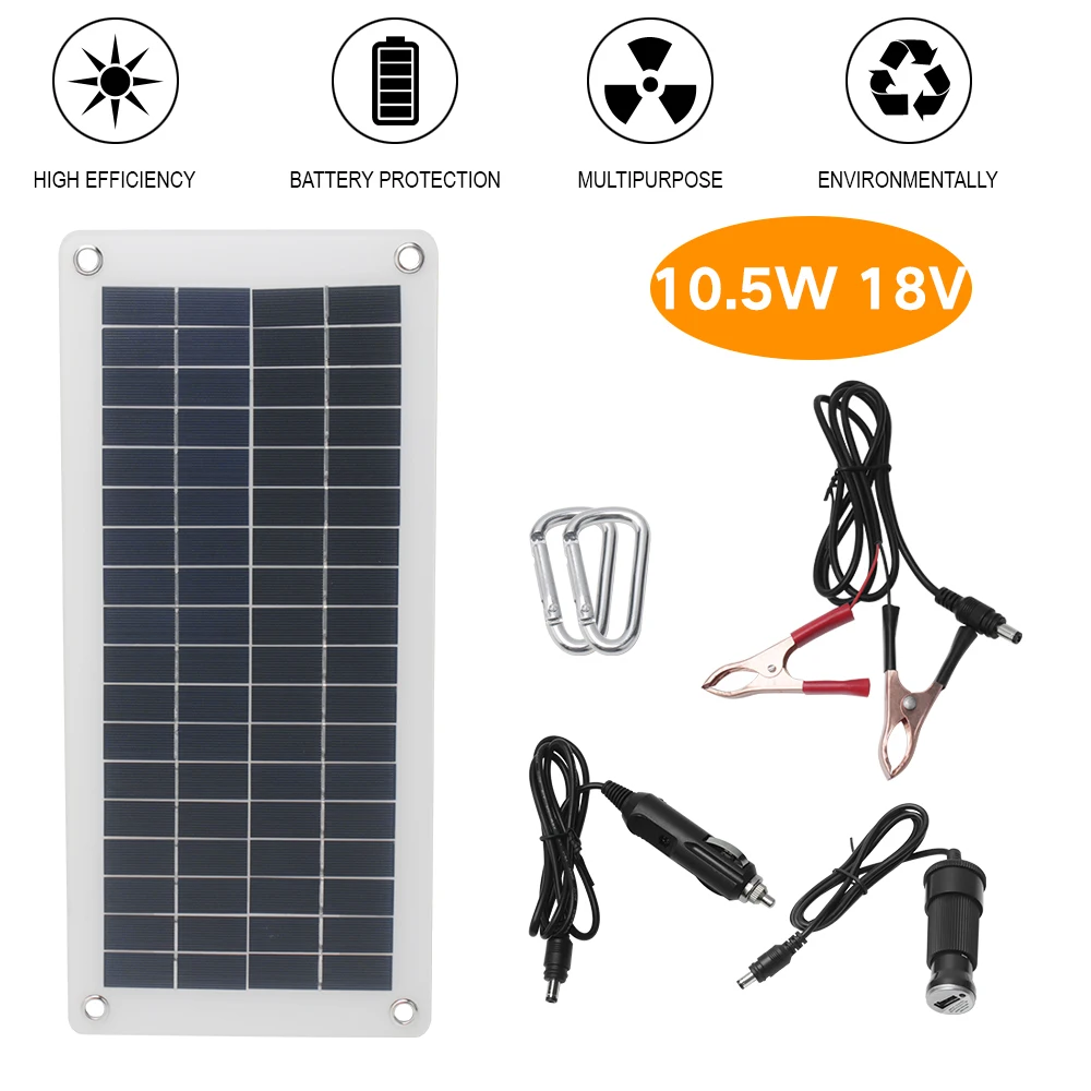 

18V/5V 10.5W Polycrystalline Solar Panel with Crocodile Clip Car Charger for 12V Auto Car Boat Portable Camping Solar Panel