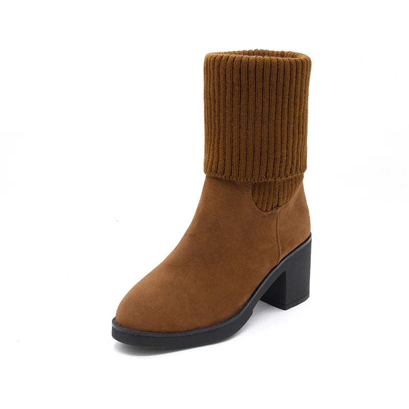 

Knitted boots women autumn winter sexy high heels mid-calf boots chunky heels slip on ladies shoes plus size black brown