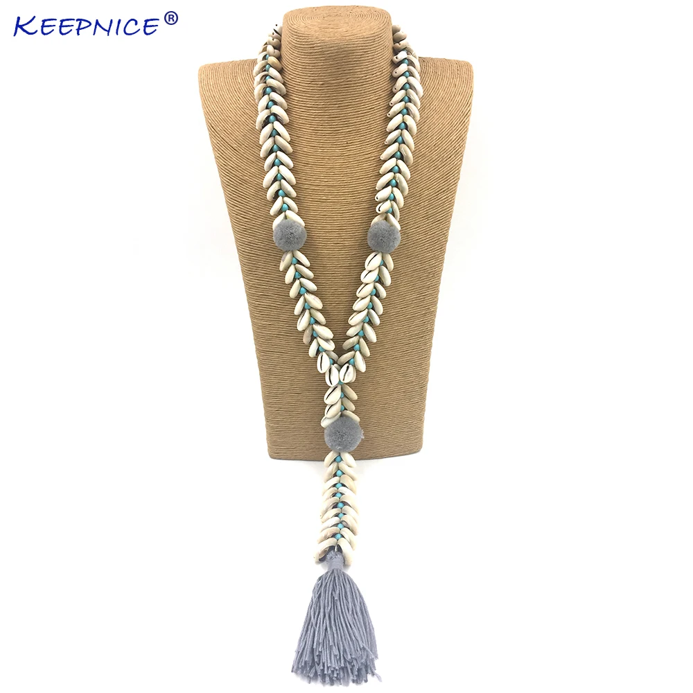 New Handmade Cowrie Shell Beaded Chain Necklace Bohemia Boho Pompoms