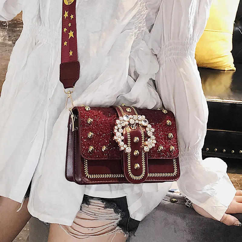 

2019 Women Single Shoulder Bags Fashion New Pattern Personality Pearl Broadband Messenger Bag Small Crossbody Bags