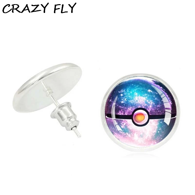 Магазин Crazy Fly 2017 красочные серьги Pokemon Pokeball Eevee стеклянные кабошон гвоздики для