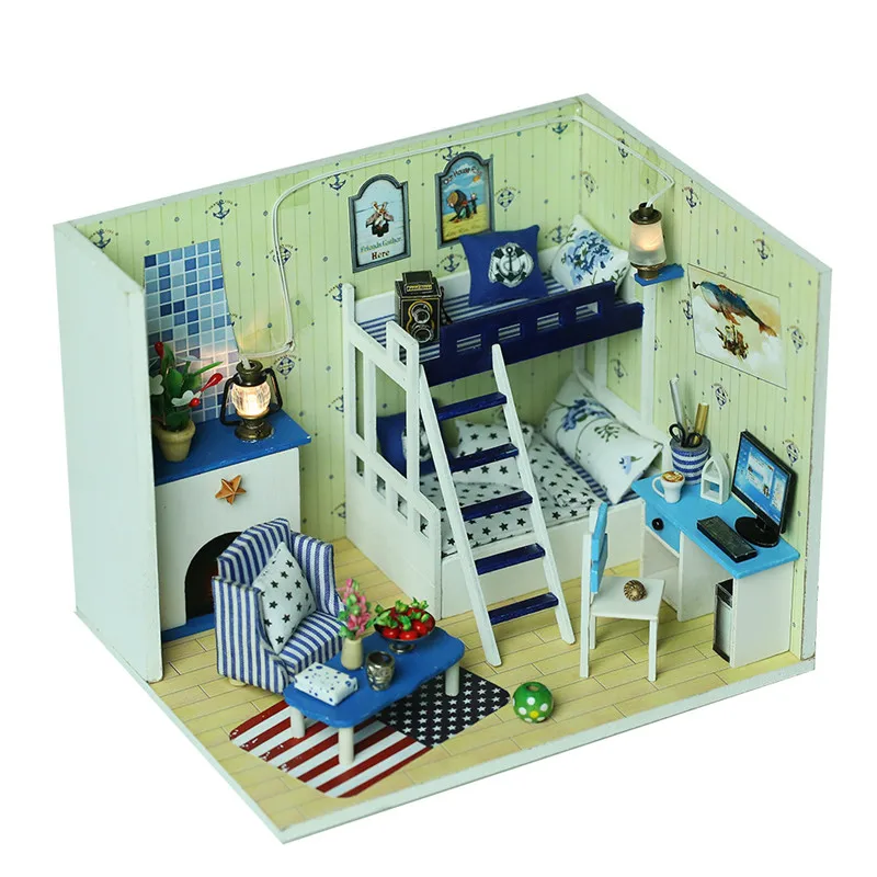 

Dark -Blue Dream DIY Wooden Doll House Miniature Dollhouse Furniture Kit With Dust Cover Toys For Children Birthday Gift Q-009