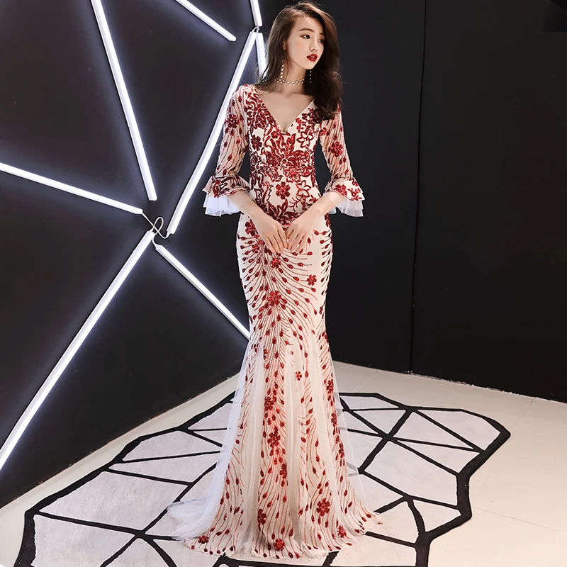 

2019 Sexy V Neck Mermaid Evening Gown Half Sleeves Red And White Sequins Long Evening Dresses LF174
