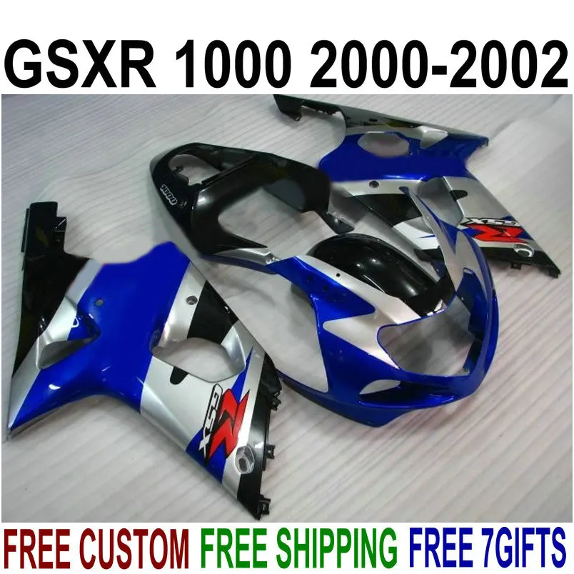 

Free customize fairings for Suzuki GSXR 1000 00 01 02 K1 K2 blue silver fairing kit GSXR1000 2000 2001 2002 CC32