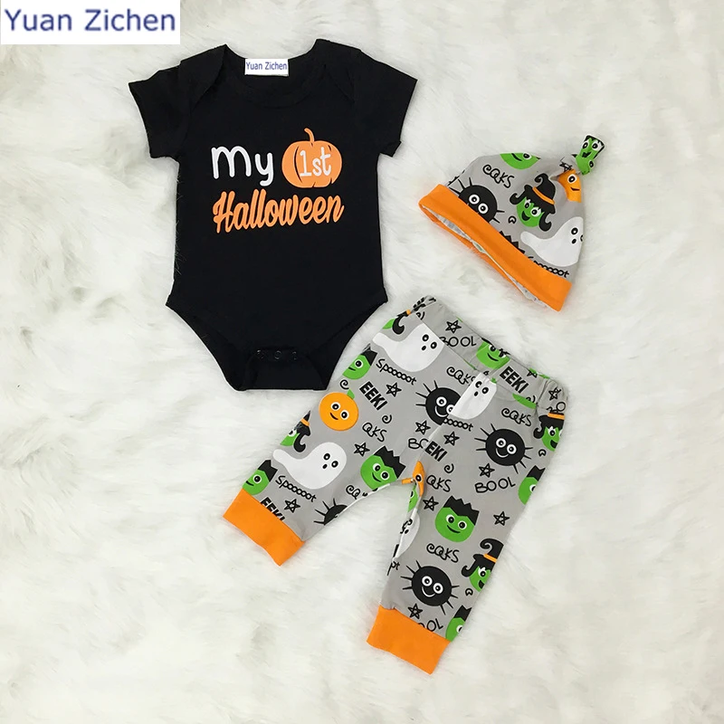 Babys 3Pcs Clothes Set New Cotton Short Sleeve Romper + Pant + Hat Baby Boy Girl Clothes Sets for Halloween Clothing