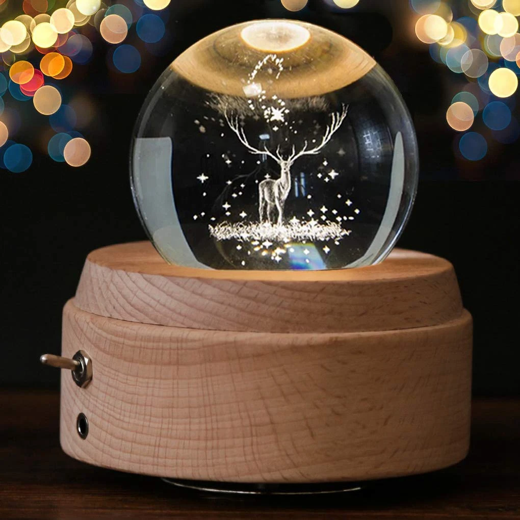 

3D Crystal Ball Music Box The Deer Luminous Rotating Musical Box With Projection Led Light