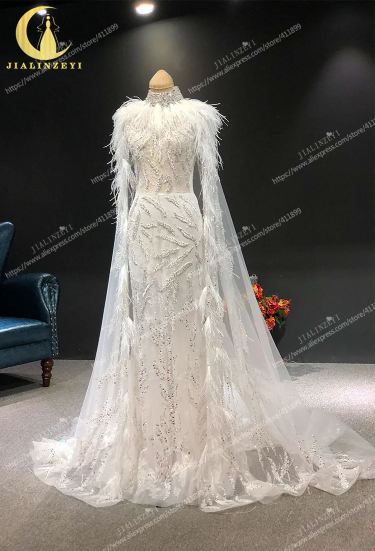 JIALINZEYI, сексуальное, Zuhair Murad, с высоким воротом, с бусинами, с перьями, Русалка, накидка, роскошное свадебное платье, свадебное платье