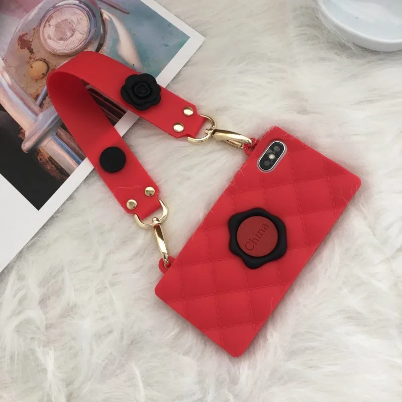 

High Quality Square Silicon Phone Case for Iphone 8/8 Plus 6 6S 7 Plus Xr Xs Max X Cover with Long Strap or Silicon Hand Strap