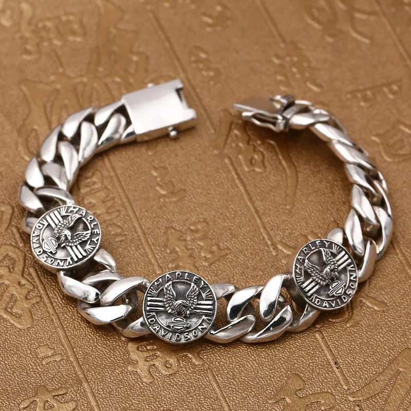 

S925 Sterling Silver Jewelry Men's Domineering Eagle Punk Locomotive Wind Buckle Retro Thai Silver Hipster Bracelet Homme