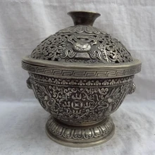 Песня voge gem S3010 Китайский Серебро 2 Дракон Монета Тибет 8 Благоприятный Символ Статуя Box Курильница