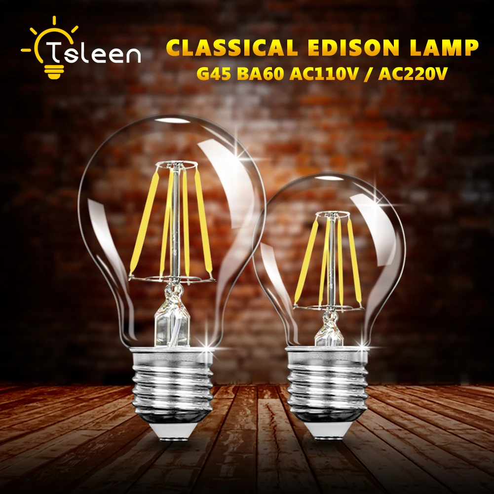 

TSLEEN 5pcs Filament Led Bulb 4W 8W 12W 16W E27 AC 110/220V A60 G45 LED Edison Led Bulb 360 Beam Angle Indoor Global LED Light