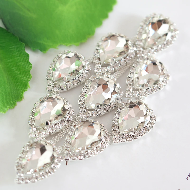 

High Quality Sewing On Rhinestone Applique 1 pcs Silver Base Crystal Clear Color DIY Wedding Evening Dress Y2477