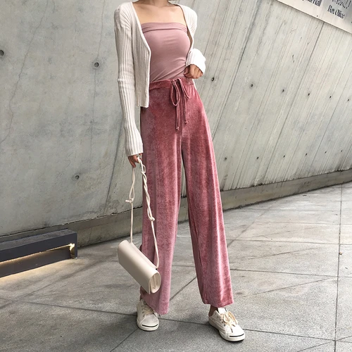 Nueva Alta cintura suelta Pantalón ancho pantalones 2018 estilo coreano mujeres Velour moda suelta pantalon palazzo mujer señoras Pantalones| Pantalones y pantalones capri| - AliExpress