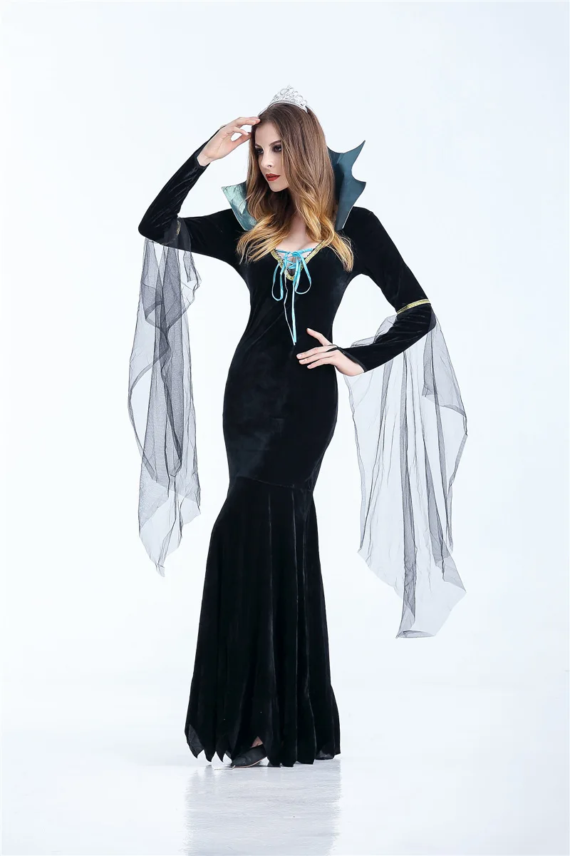 Костюм на Хэллоуин, костюм королевы летучей мыши для взрослых женщин, роскошный костюм вампира, Черное длинное платье, одежда королевы ведьмы для женщин