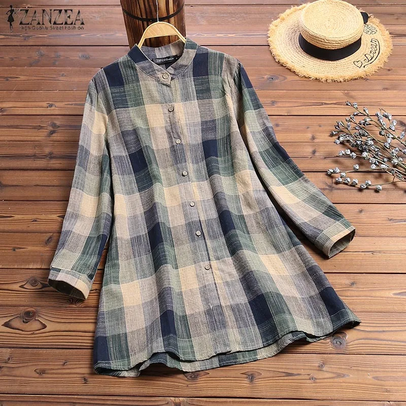 ZANZEA Autumn Vintage Plaid Check Long Shirt Women Long Sleeve Buttons Blouse Tunic Tops Casual Work Blusas Femininas Vestido