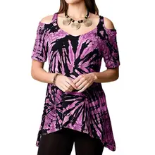 Summer Off Shoulder Irregular Casual Women Blouse Tie Dyeing Print Blouse 2019 reddish brown tie up detail off shoulder blouse