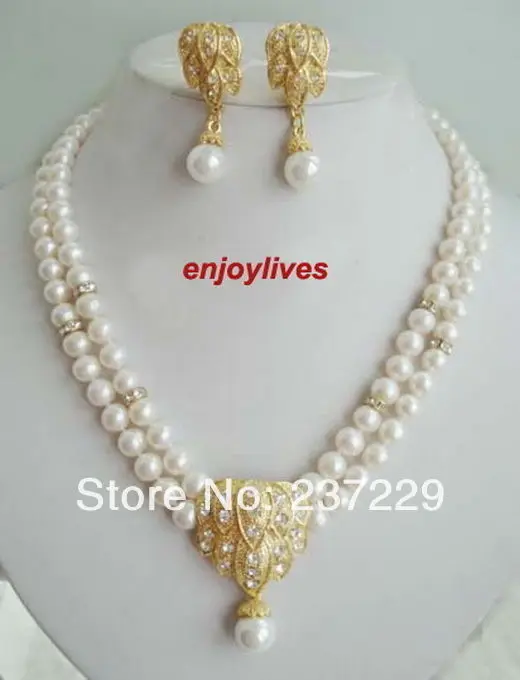 

Wholesale price Fast shipping + a2 Rows Real White Pearl Bridal 18KGP Crystal Pendant Necklace Earrings Set hot