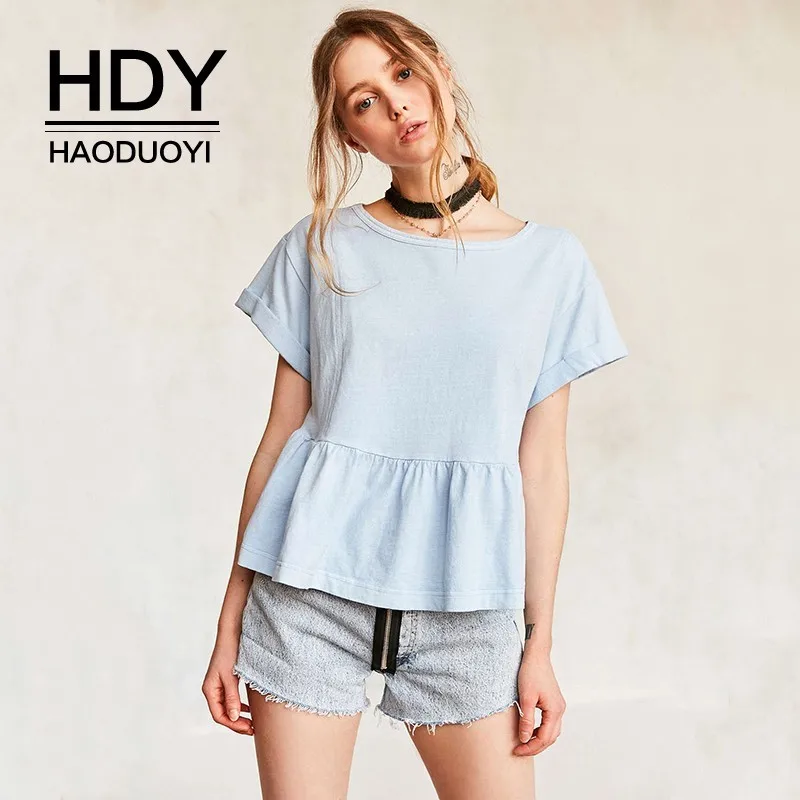 

HDY Haoduoyi Europe And America Stylish Simplicity Stitching Ruffle Cute College Style Wild Round Neck Solid Color Doll Shirt