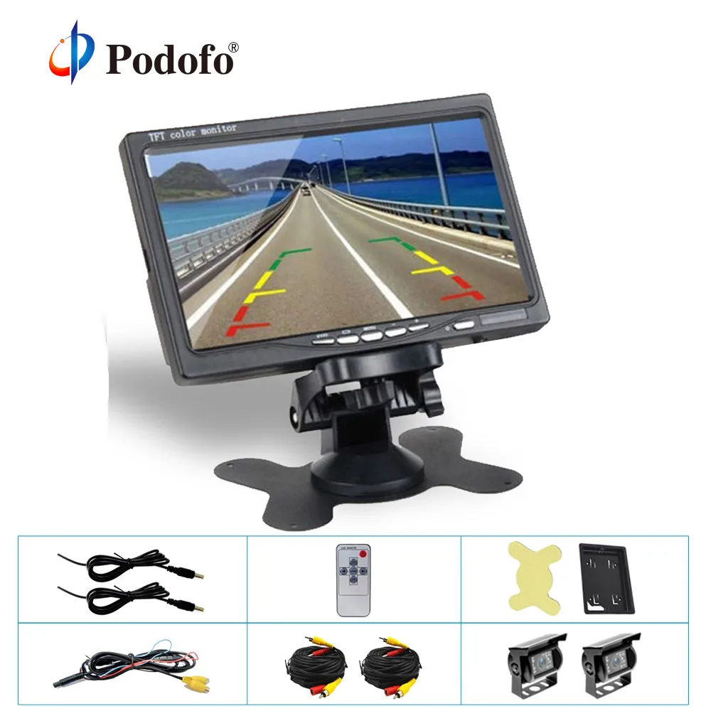 Podofo 7" LCD Dual Backup Camera Car Rear View Monitor Kit For Truck Bus RV Rearview Reverse Camera 18 IR LED Night Vision