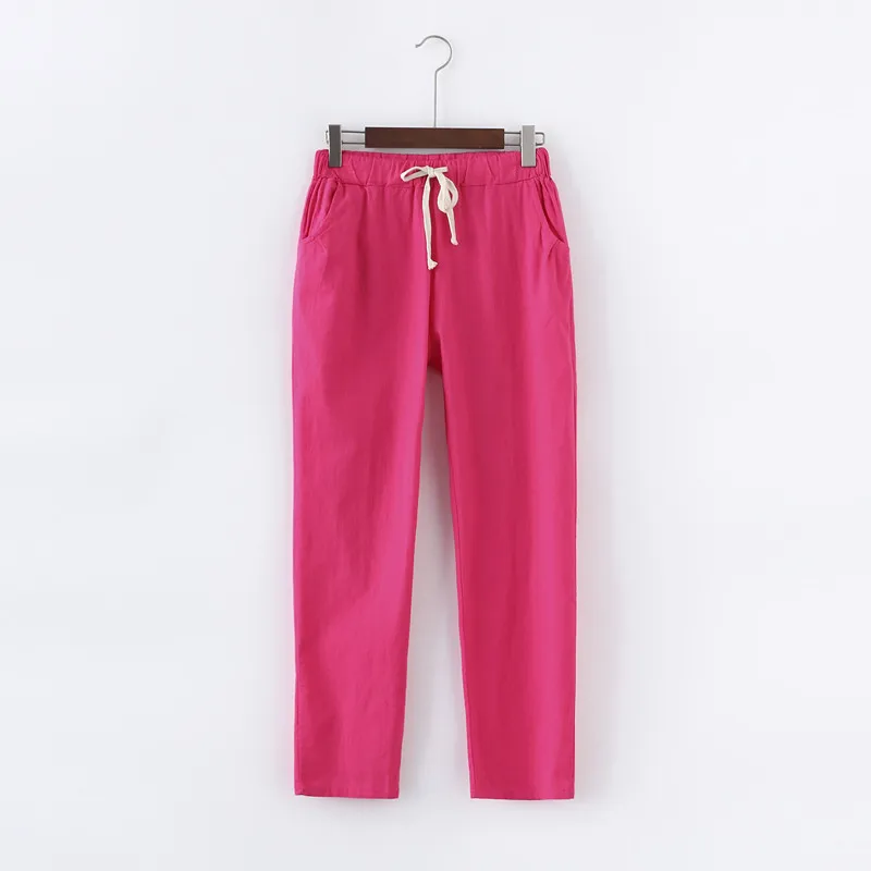 Яркие цвета, летние женские штаны на шнуровке, Pantalon Femme, хлопковые льняные спортивные штаны, повседневные штаны-шаровары, женские брюки C5212 - Цвет: rose red
