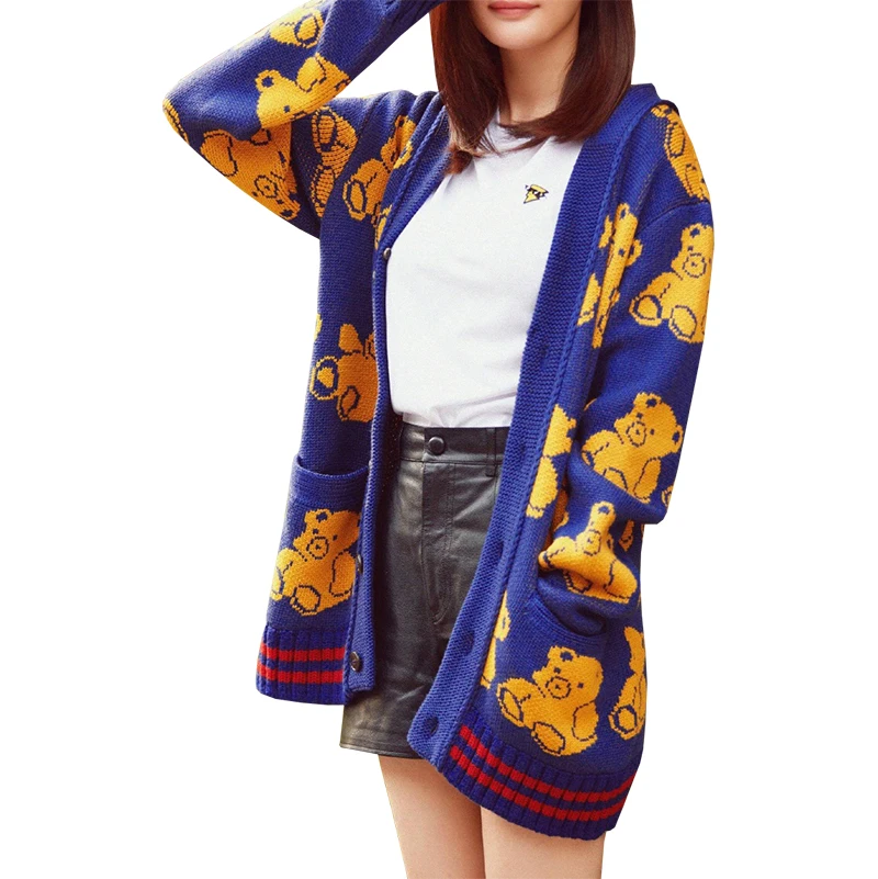 

Same Star Models Knit Cardigan Women Spring Fall Jumoer Long Bear Printing Wild Sweater Coat Clothing Vestidos LXJ297