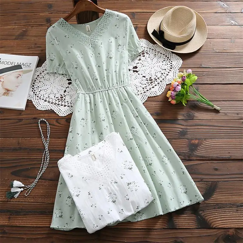 Robe Femme, летнее женское модное платье с коротким рукавом и v-образным вырезом, хлопковое льняное платье с цветочным принтом, винтажное платье, Vestidos Mori Girl - Цвет: Зеленый
