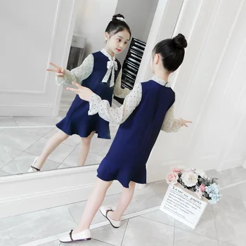 

Kiddie Girls Blue Stand Collar Collar Bow Elegant Dress Kid 2019 Summer Leg of Mutton Sleeve Frill Party Dresses 2-7 Years