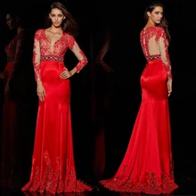 Elegante Meerjungfrau V-ausschnitt Langarm Spitze Overlay Verband SeeThroughOpen Zurück Satin-stoff Abendkleid ist die Französisch Länge