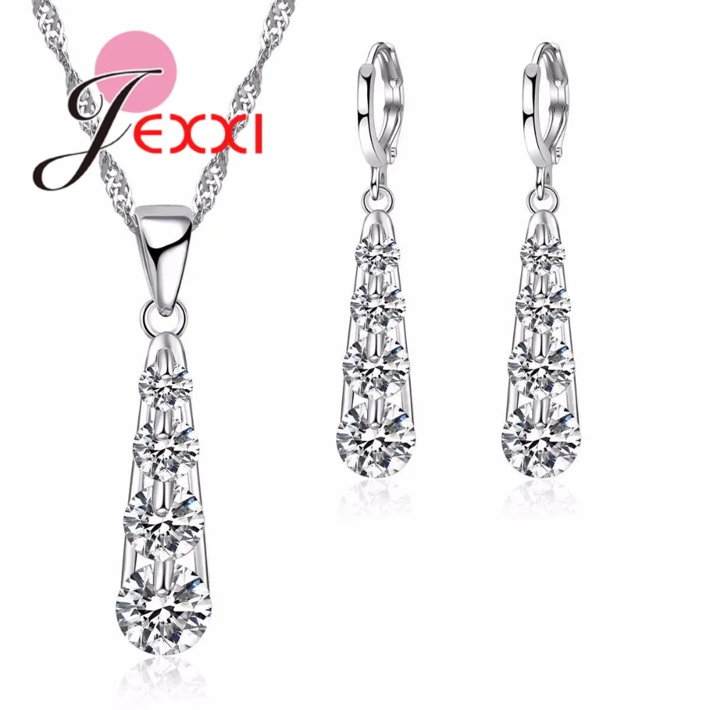 925 Silver Jewelry Sets for Women Necklace Pendant and Earrings Unique AAA Cubic Zirconia Water Drop Design | Украшения и