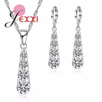

925 Silver Jewelry Sets for Women Necklace Pendant and Earrings Unique AAA Cubic Zirconia Water Drop Design