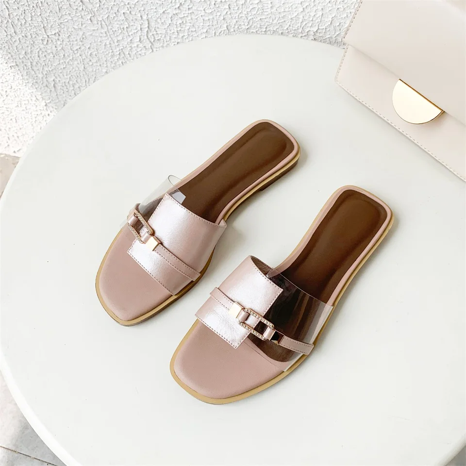 

Women's Slippers Leather Material Comfortable Inner Fashion Design Flat Bottom Open Toe Sandals Women Slippers