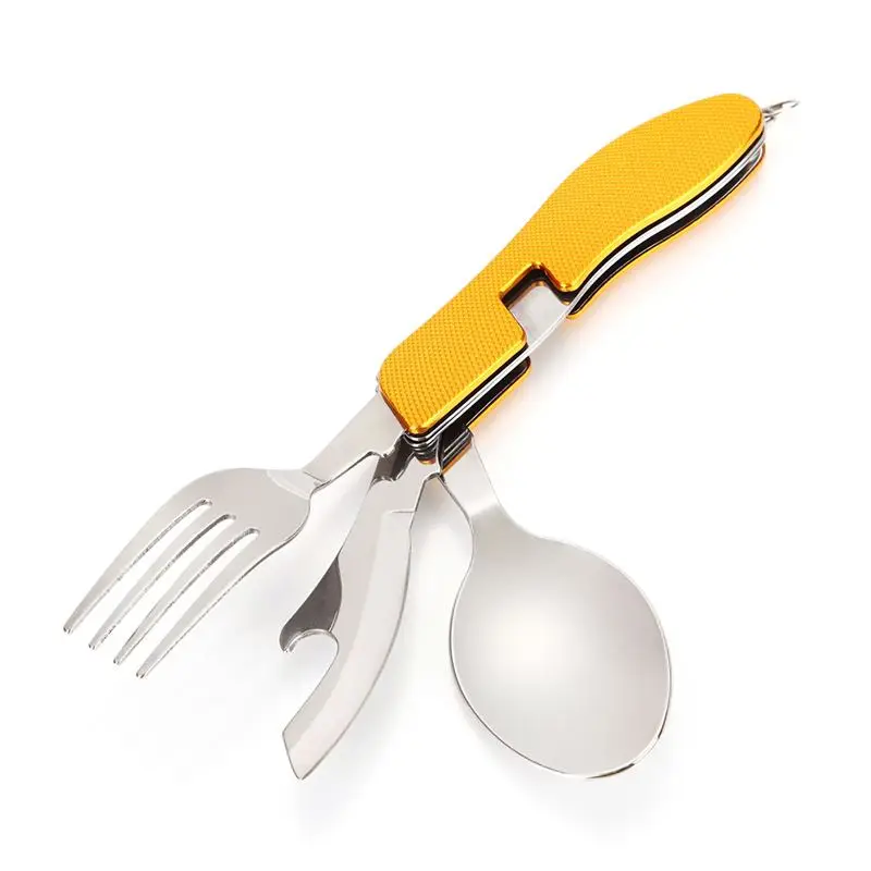Outdoor Tableware,Camping Stainless Steel Folding Pocket Kits for Hiking Picnic Travel,Fork Spoon Knife Bottle Opener 4 In 1 