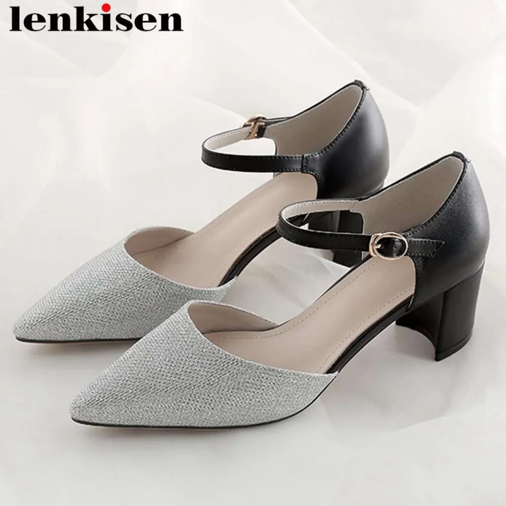 

Lenkisen original designer chunky med heels pointed toe buckle strap mixed colors patchwork large size fairy women pumps L30