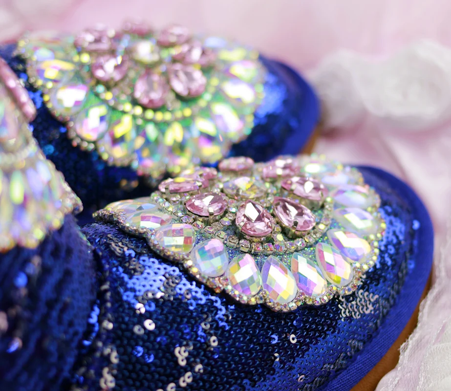 Bleu Cuir Neige Plate Cristal Fourrure Diamant Chaud Imperméables Ont De D'hiver Augmenté rose Garder Au Appartements Chaussures Bottes Strass En Lapin forme Femmes X11vwqE6