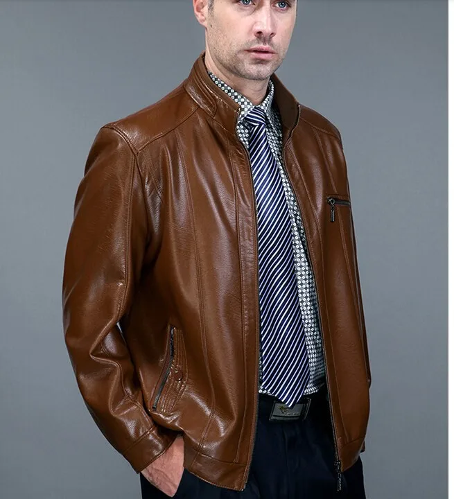 Коричневая куртка с воротником-стойкой для мужчин из искусственной кожи, мужские повседневные кожаные куртки, Мужская одежда, брендовая искусственная кожа для мужчик, куртки и пальто 3XL