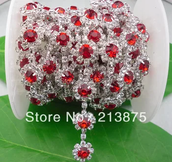 

Free shipping 1 Yard Costume applique Red Flower 8mm glass rhinestone close silver chain claw trim