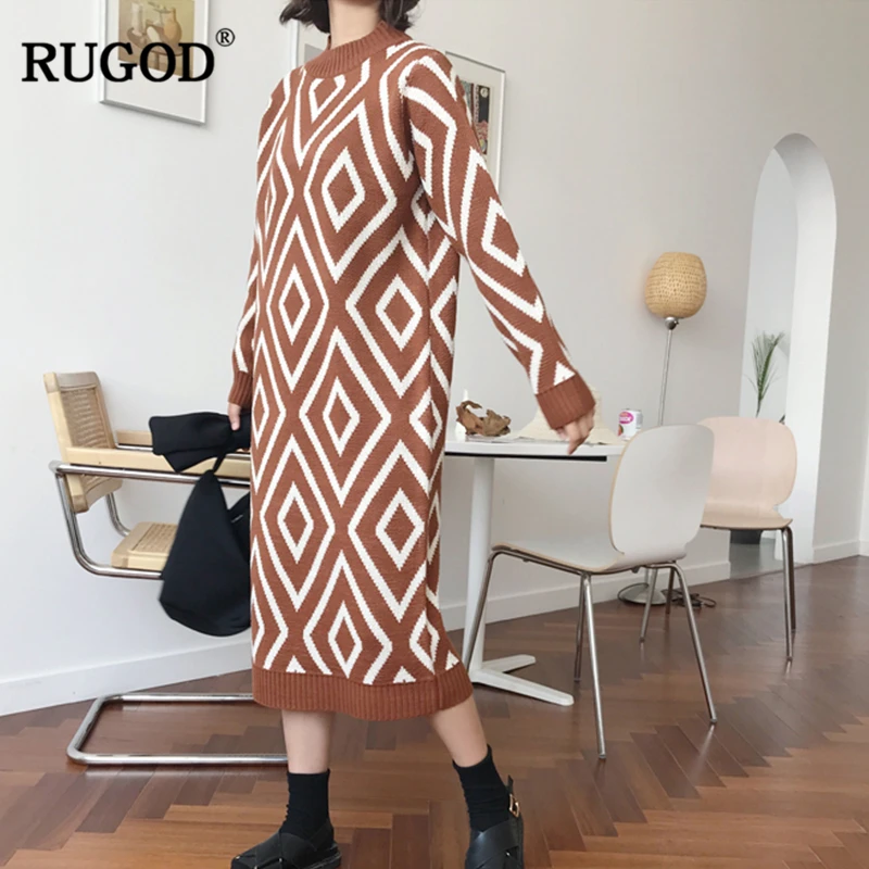 Koop RUGOD 2018 Herfst Winter Nieuwe Preppy Stijl Vrouwelijke Trui Jurk Mode O hals Geometrische Mid Kalf Jurk Voor Vrouwen Vestido