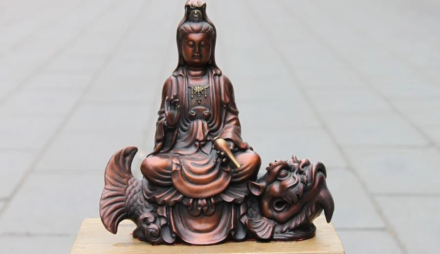 Tibet Pure Bronze Kwan-Yin Bodhisattva Sit on Dragon Fish goddess Statue